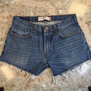 Levis 527 Low Boot Cut Cutoff Denim Shorts Women 32 Medium Wash Blue Raw Hem‎